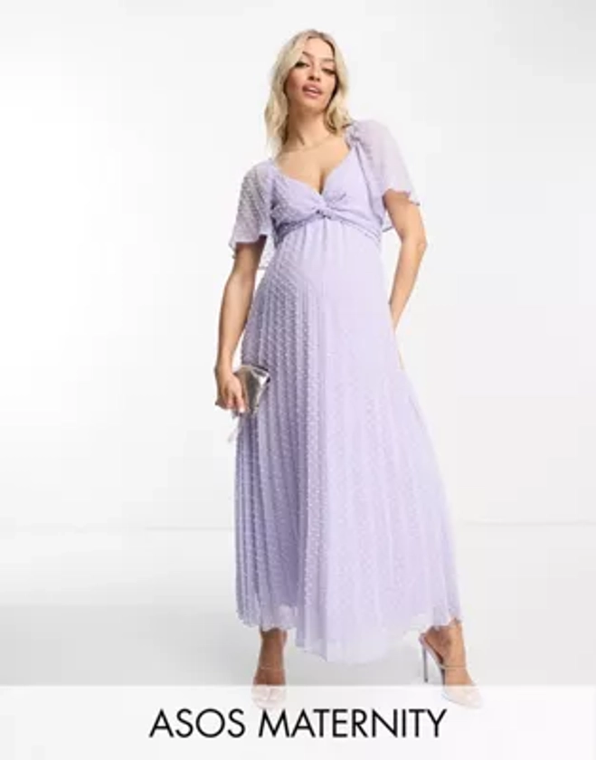 ASOS DESIGN Maternity twist front angel sleeve textured midi dress in lilac | ASOS