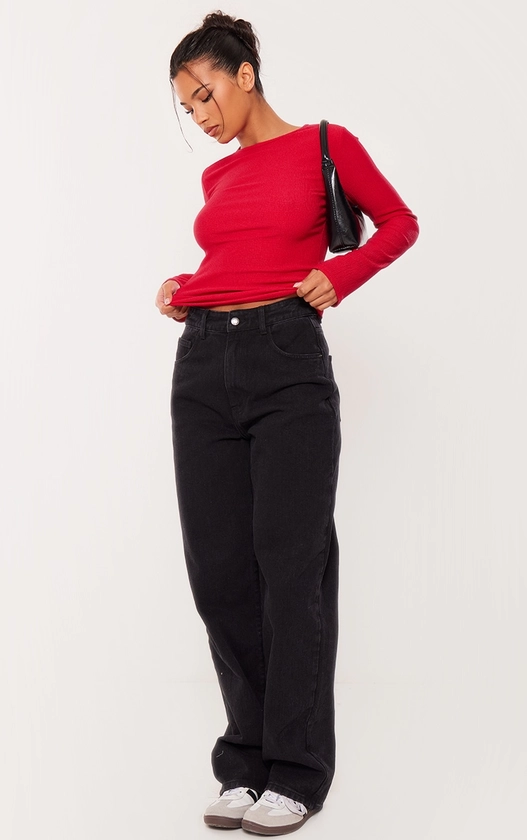 Cherry Red Textured Long Sleeve Long Top