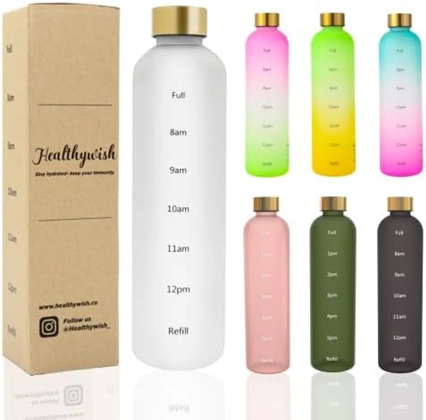 Healthywish - Time Marked Cute Water Bottles For Women And Men, BPA Free Frosted & Aesthetic Water Bottle With Time Marker, Clear Water Bottle 1 Liter | 32 Oz