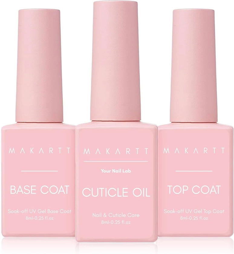 Makartt Gel Top Coat and Base Coat with Cuticle Oil Set, No Wipe Shine Finish Soak Off Gel Base Top Coat Long Lasting Nail Lamp Gel for Gel Nail Polish Cuticle Oil for Nail Care Nail Manicure, 3pcs