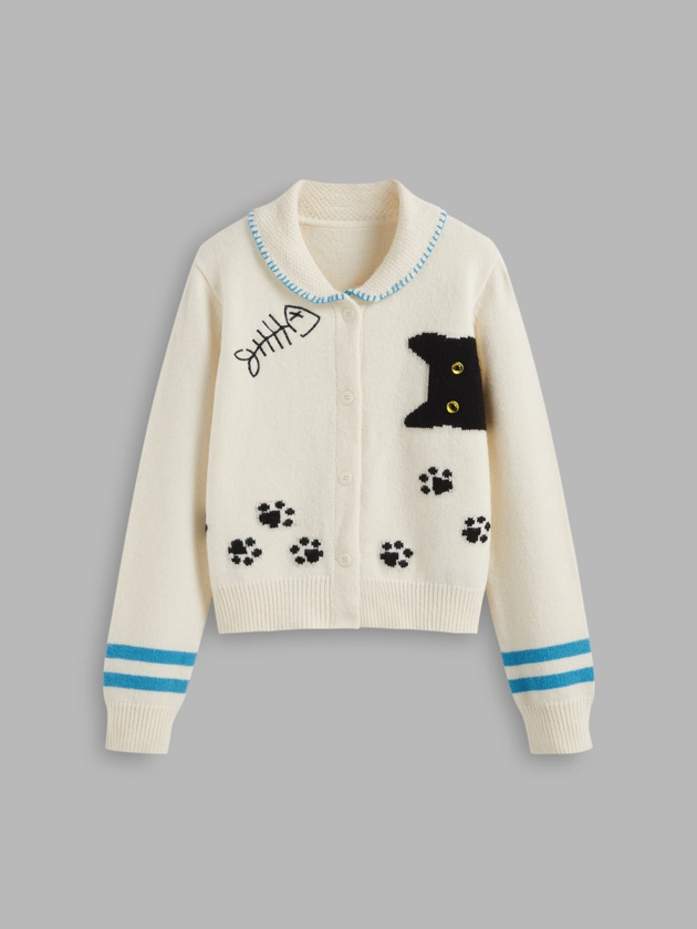 Knit Collar Cat Button Cardigan