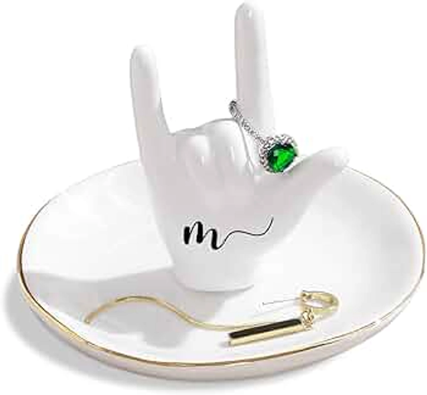 PUDDING CABIN Initial Ring Holder Hand Ring Dish Ring Tray for Jewelry Rings Earrings Bracelet Organizer, Monogrammed Gifts for Women Valentine's Day, Birthday, Wedding, Mothers Day, Bride Gifts