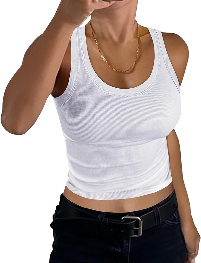 GEMBERA Women Sleeveless Scoop Neck Racerback Ribbed Knit Fitted Teen Basic Crop Tank Top Shirt