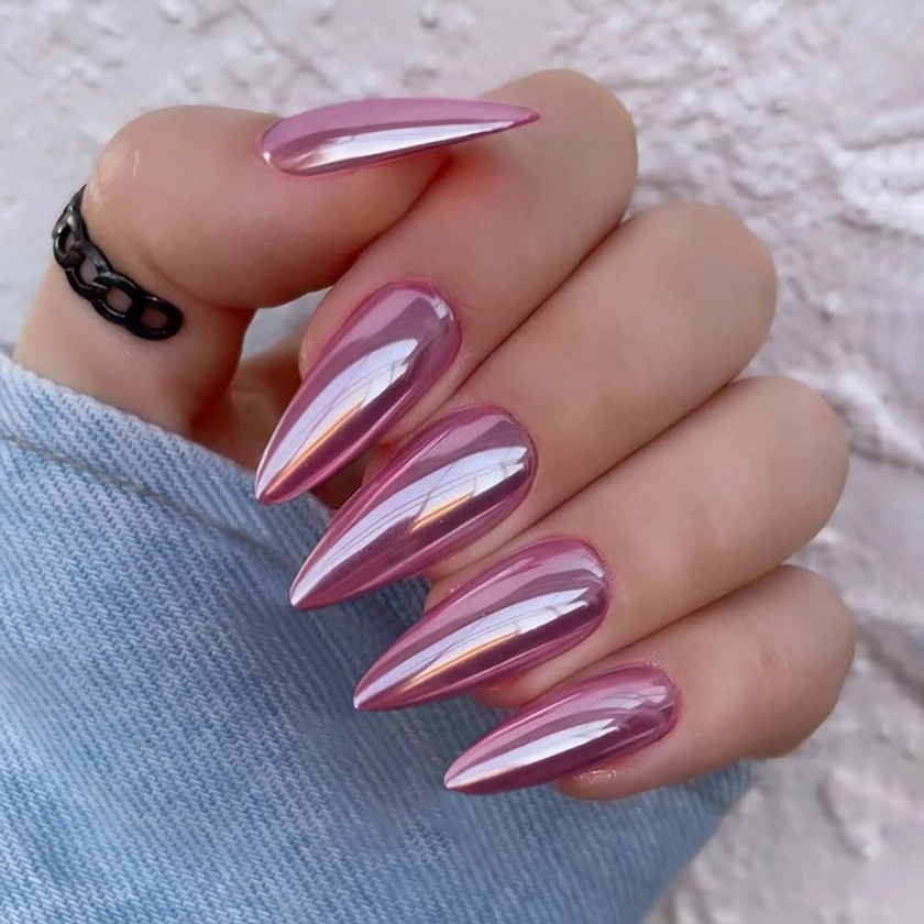 Amazon.com: Qsnidy Metallic Chrome Press on Nails Medium, Baby Pink Almond Fake Nails with Nail Glue, Fit Perfectly Stiletto False Nails Reusable Stick on Nails for Women Daily Party Wear, 24 Nails Kit : Beauty & Personal Care