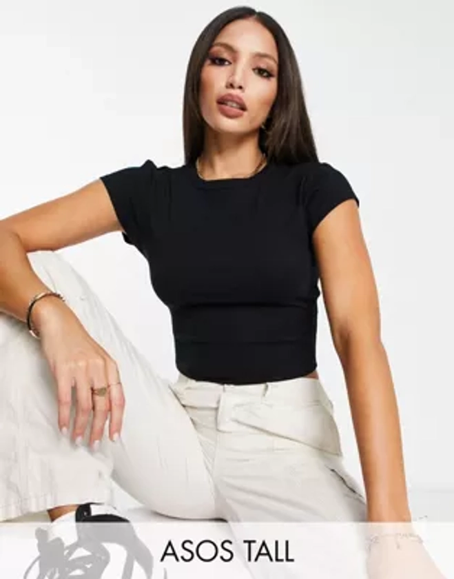 ASOS DESIGN Tall - Geribbelde crop top met kapmouwen in zwart | ASOS