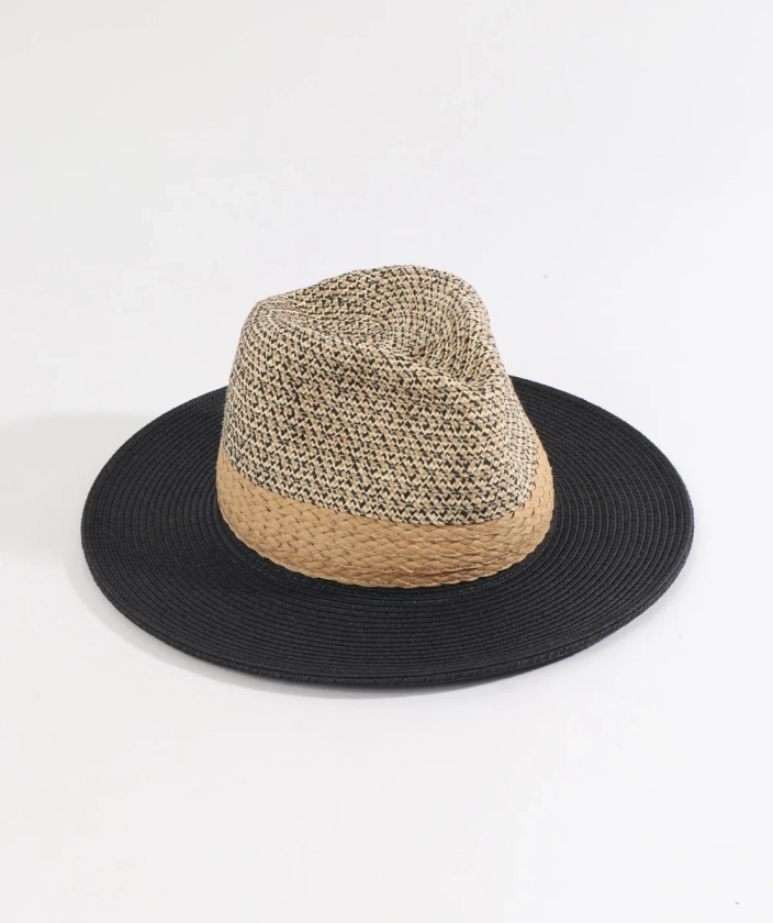 Natural/Black Two Tone Paper Straw Fedora Hat with UPF 50 Sun Protecti