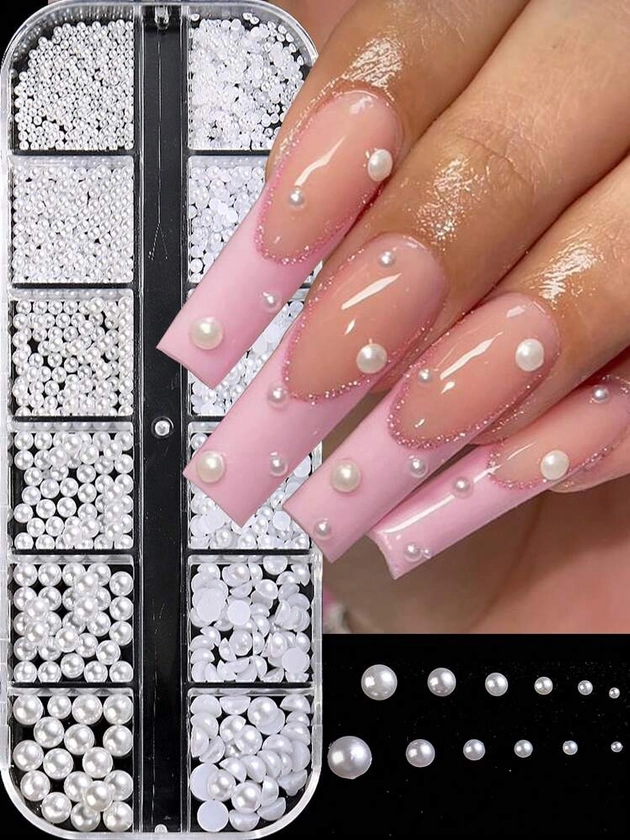 1Box White Pearl Nail Art Decoration Flat-Back Pearls Rhinestone Caviar Pearl 3D Charms Jewelry DIY Manicure Accessories For , Press On Nail