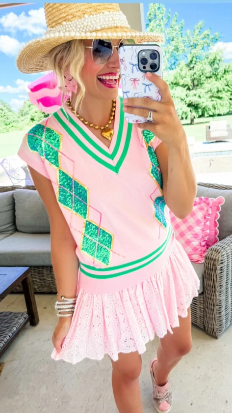 Pink and Green Argyle Sequin Sweater Vest