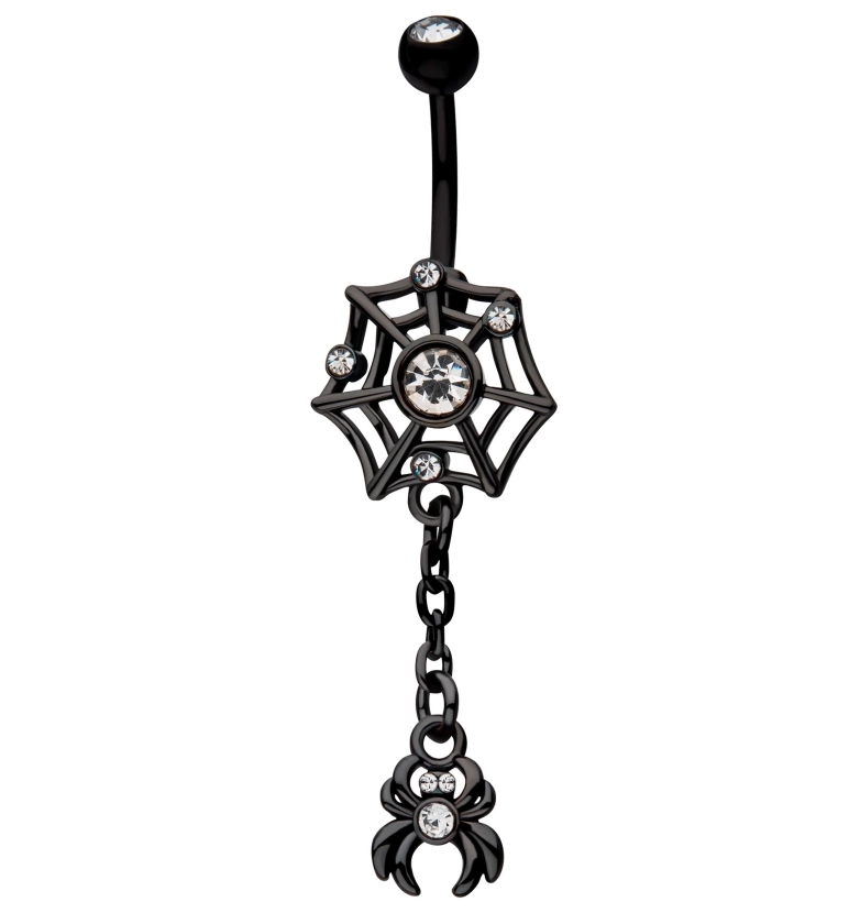 Black PVD Spiderweb Dangle Spider Clear CZ Stainless Steel Belly Button Ring