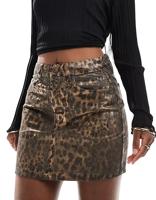 ASOS DESIGN denim mini skirt in metallic leopard print