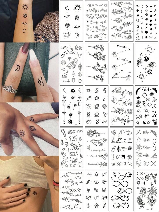 20 Sheets Creative Black Small Design Temporary Tattoo Stickers For Men And Women, Realistic Tree Branch Starry Sky Tattoo, Water-resistant, Suitable For Arm, Face, Finger And Neck Black Friday