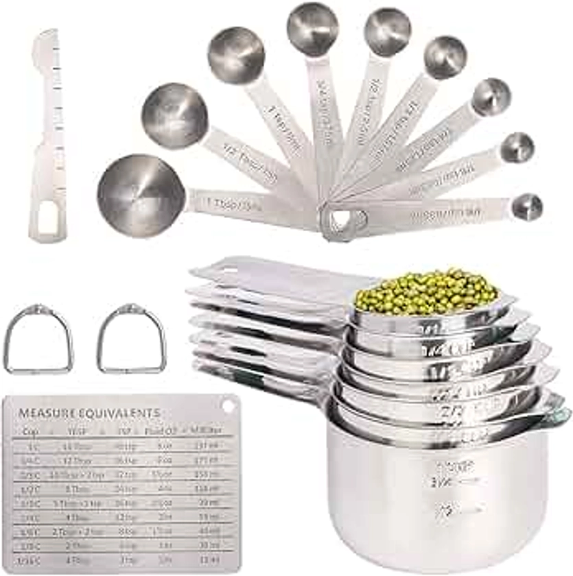 20PCS Measuring Cups and Measuring Spoons Set, Food-Grade Stainless Steel Measure Cup Set for Cooking Baking Measurement, Including 7 Cups, 9 Spoons, Level, Magnetic Chart, Stackable Measuring Set