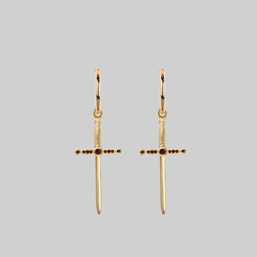 ELYSIAN. Garnet Dagger Hoop Earrings - Gold