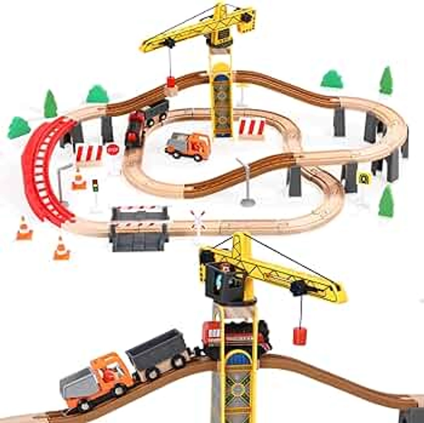 Giant bean Tower Crane Wooden Train Set, 72pcs Toy Battery Operated Train Track for Boys and Girls 3-7, Fit Thomas The Train, Brio, Melissa & Doug