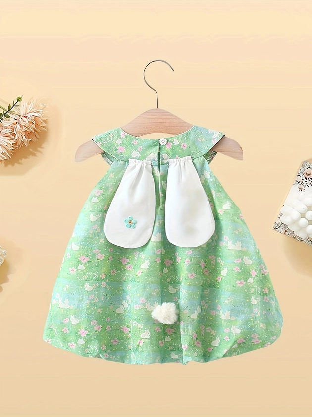 Baby's Adorable Rabbit Ears & Tail Decor Flower Pattern Halter Neck Dress & Carrot Bag, Infant & Toddler Girl's Clothing For Daily Wear/Holiday/Party, As Gift