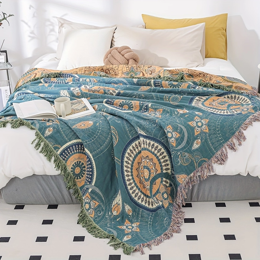 1pc Bohemian Style Cotton Throw Blanket, Teal And Orange Mandala Pattern With Tassel Fringe, Multi-Use Decorative Sofa Cover, * Conditioning Qu