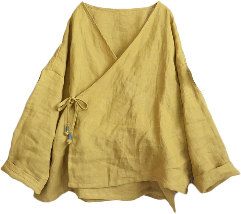 Women's Hanten Kimono Cardigan Long Sleeve Wrap Front Cotton Linen Retro Hanfu Costume Irregular Shirt Tops