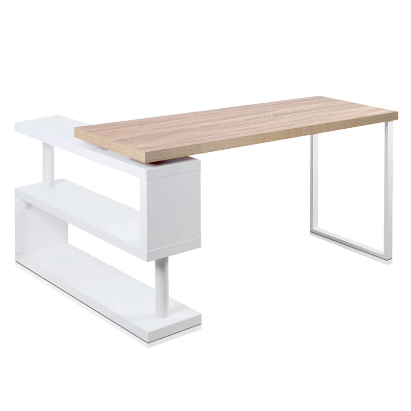 Rotary Corner Desk with Bookshelf - White & Oak