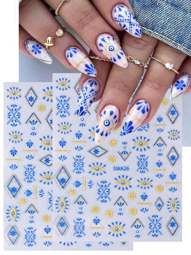 Blue Bohemia Style Nail Stickers 2pcs Evil Eye Gold Glitter Mandala Flower Manicure Design Self-Adhesive Flower Slider DIY Holographic Nail Art Decoration Home Salon | SHEIN UK