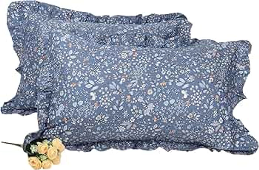 Flounces Pillow Cases Queen, 100% Cotton Blue Queen Size Pillow Covers, Envelope Closure, 20 X 30 Inches