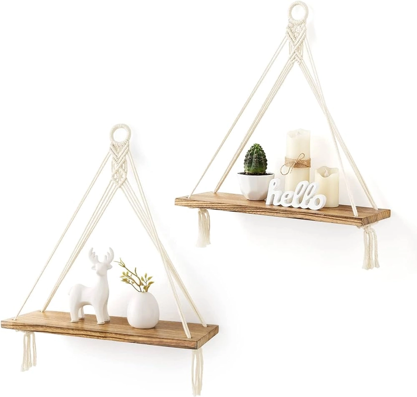 Mkono Macrame Hanging Shelves Boho Wall Decor Set of 2 Rustic Wood Floating Storage Shelf for Bedroom Bathroom Living Room Nursery Dorm Room, Display Shelving for Hanging Plants Photos