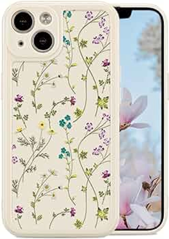 RALEAVO - Funda floral para iPhone 13, diseño de rama de flores, bonita funda para niñas y mujeres, delgada, de silicona suave, a prueba de golpes, antideslizante, para iPhone 13 (6.1 pulgadas), color beige