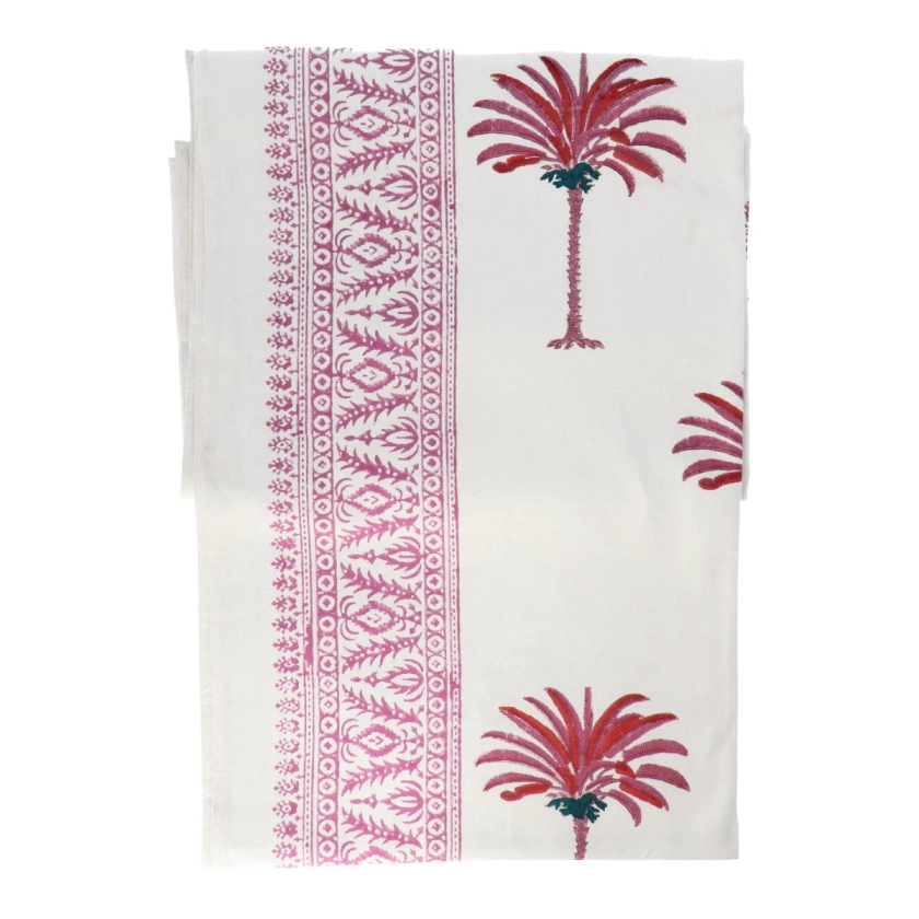 Tafelkleed handgeprint roze wit palmboom 250x150cm