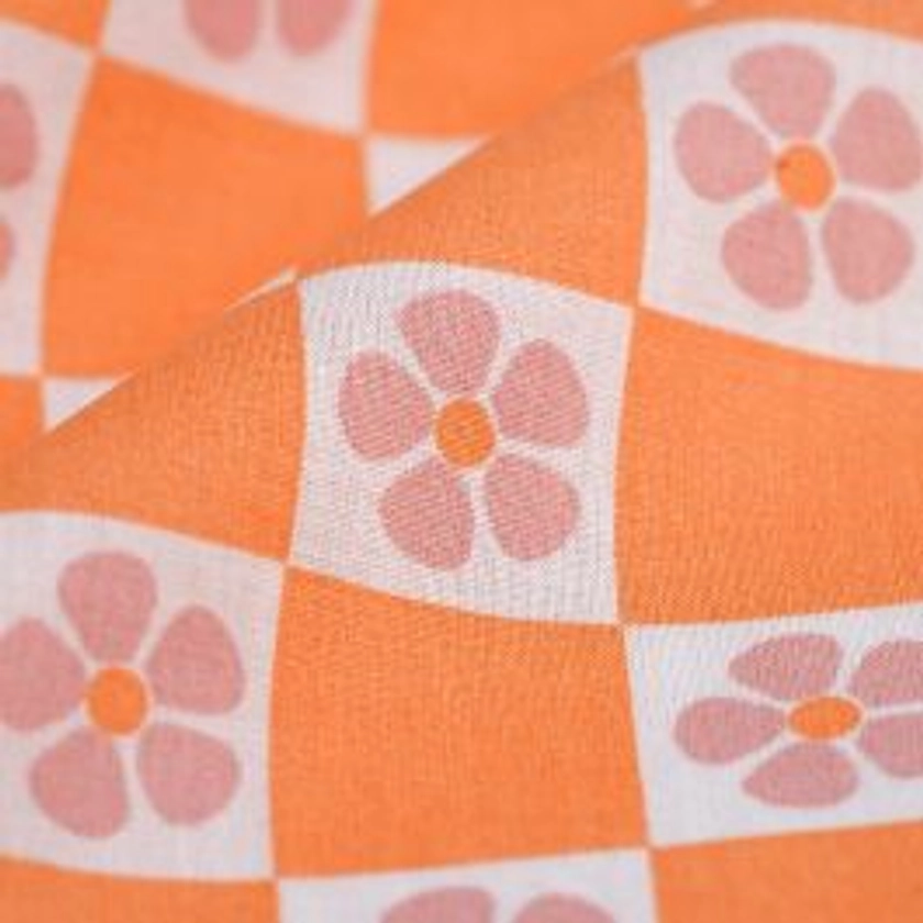 Tissu cretonne damier fleurs orange