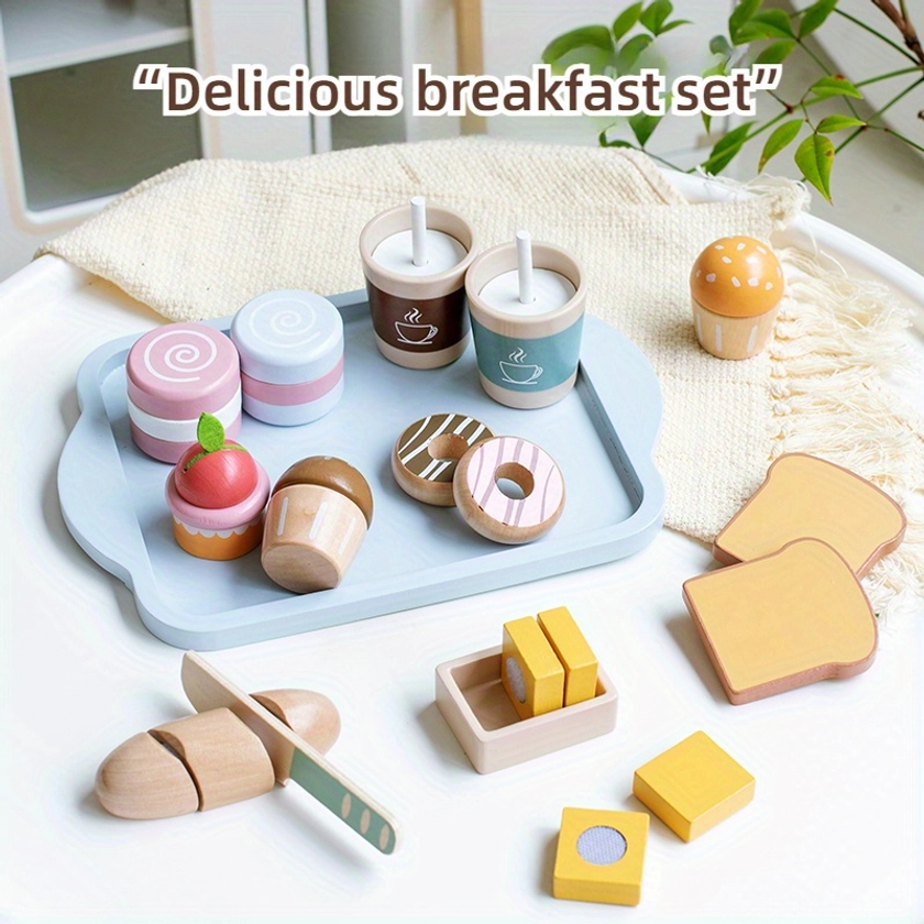 Jeux de nourriture en bois pour enfants de 3-6 ans - Jouet de petit-déjeuner de rôle avec des desserts, des boissons, un sandwich et un gâteau * - Jouets de cuisine éducatifs de rôle pour les tout-petits