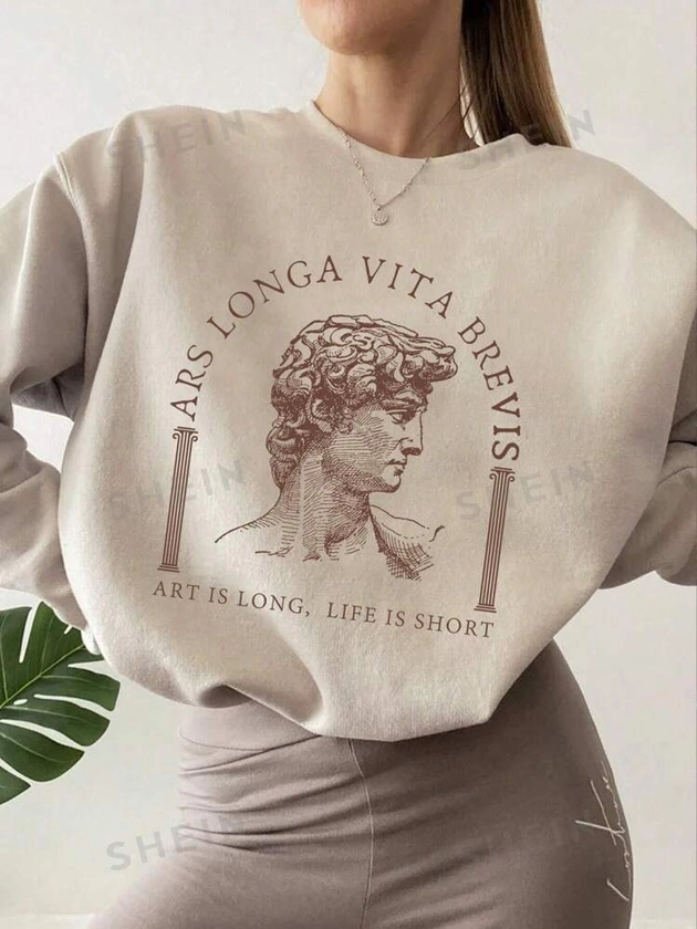 SHEIN Essnce Pull oversize avec graphique de lettre et de chiffre, "ARS LONGA VITA BREVIS" signifiant "L'art est long, la vie est courte"