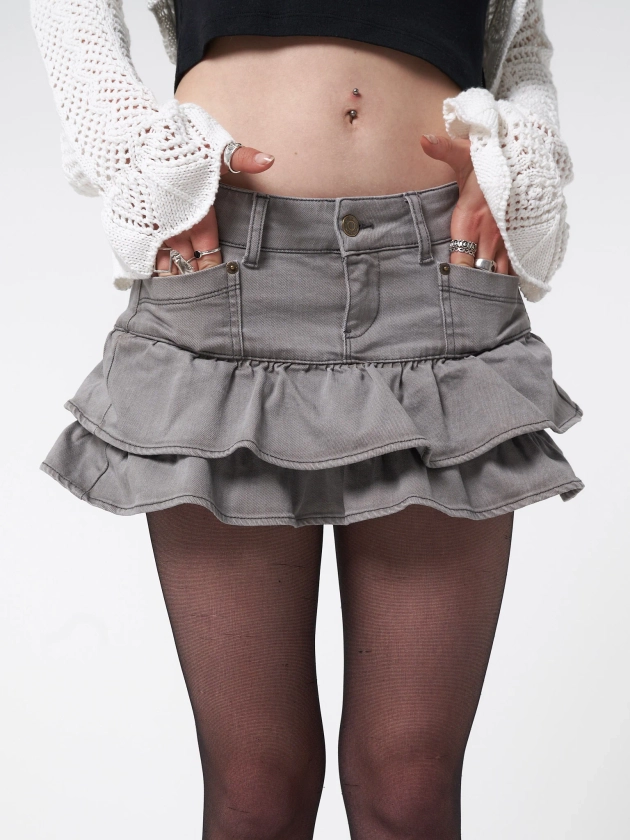 Kat Washed Grey Denim Y2k Mini Skirt