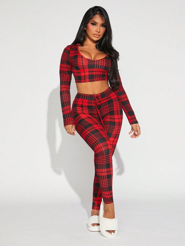 SHEIN SXY Women's Plaid Pattern Suit Set With Top And Pants