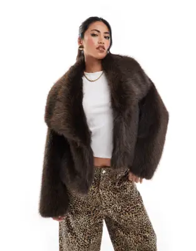 ASOS DESIGN cropped faux fur jacket in brown tipped