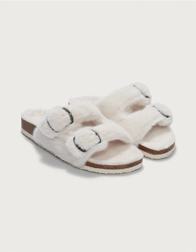 Faux-Fur Buckle Cork Slider Slippers - The White Company