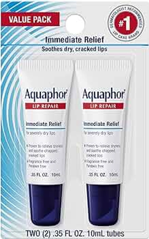 Aquaphor Lip Repair Tubes, Lip Ointment for Chapped Lips, Moisturizing Lip Balm, Two 0.35 ounce tubes