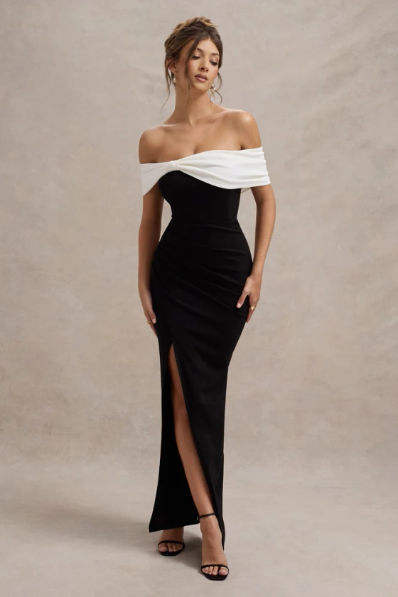 Eva | Black &amp; White Bardot Bow Detail Maxi Dress With Thigh Split