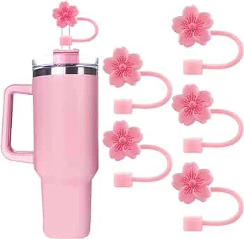 Velaco 5Pcs 0.4in/10mm Diameter Silicone Straw Covers Cap Compatible with Stanley 20 30&40 Oz Cup, Straw Toppers for Stanley 40 Oz Tumbler with Handle, Dust-Proof Straw Caps for Water Bottle - Pink
