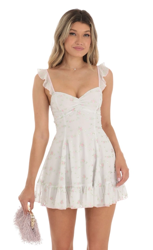 Floral Chiffon Dress in White | LUCY IN THE SKY
