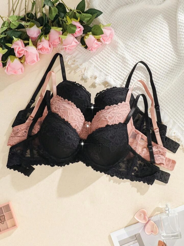 Shein Underwear&Sleepwear Basics 3pcs Floral Lace Underwire Bra Lingerie