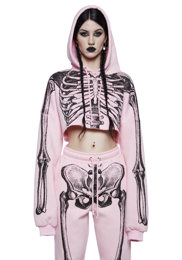 Trickz N' Treatz Skeleton Graphic Cropped Hoodie - Pink