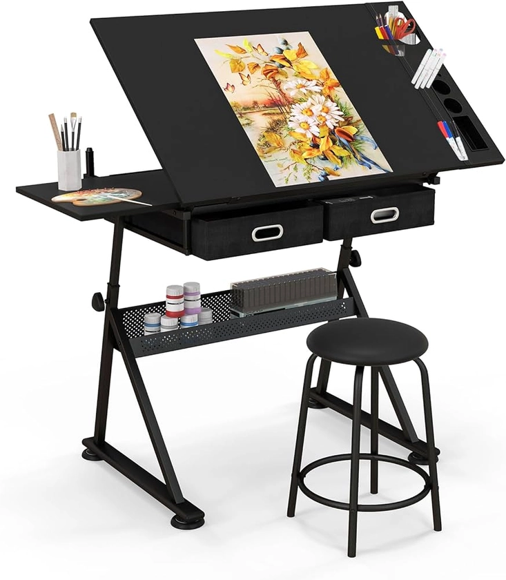COSTWAY Drawing Table and Stool Set, Adjustable Drafting Table with Tilting Tabletop, 2 Drawers, Storage Shelf & Tool Tray, Wooden Artist Desk Painting Easel for Artwork, Design, Reading (Black)