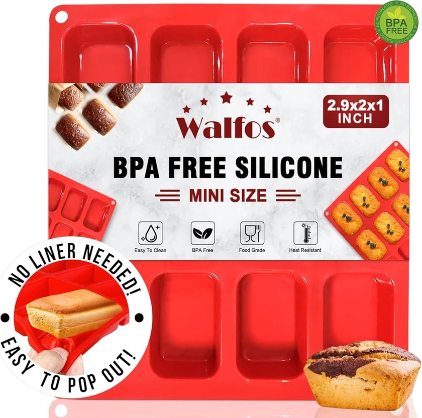 Silicone Mini Loaf pan, Walfos 12 Cavities Mini Bread Pan Brownie Pan, Food Grade & Non-stick, Ideal For Mini Bread, Brownie, Cornbread, Cheesecake & Chocolate