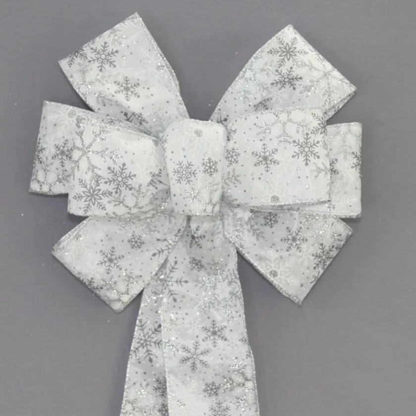 Silver Sparkle White Snowflake Christmas Wreath Bow - Snowflake Christmas, Christmas Wreath Bow, Christmas Tree Bow