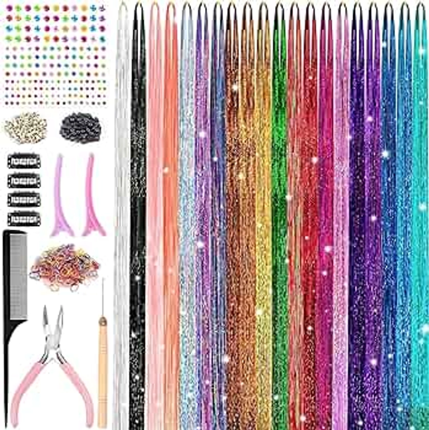 4000 Strands Hair Tinsel Kit 20 Colors 48 Inches, Fairy Hair Tinsel Hair Extensions Heat Resistant with Tools and Rhinestone, Hair Accessories for Women Girls