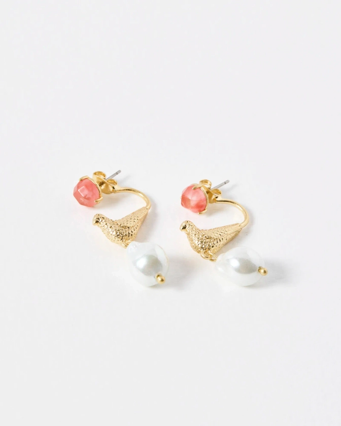 Wren Bird & Faux Peal Gold Drop Earrings | Oliver Bonas