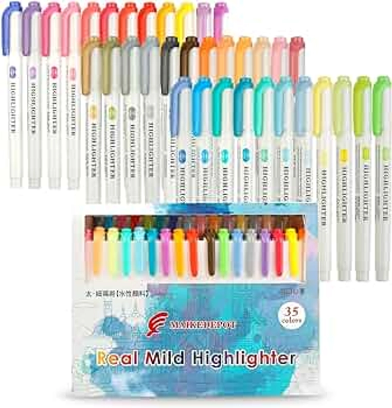 Real Mild Highlighters, Assorted Colors Highlighter Set Dual Ended Highlighter Chisel and Fine Tips Pastel Markers 35 Pack Gift Box