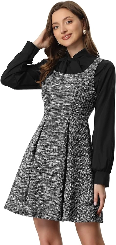 Allegra K Tweed Dress for Women's Sleeveless Plaid A-Line Pinafore Overall Dress