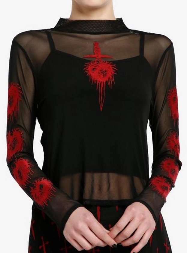 Social Collision Red Heart Dagger Black Mesh Girls Twofer Long-Sleeve Top | Hot Topic