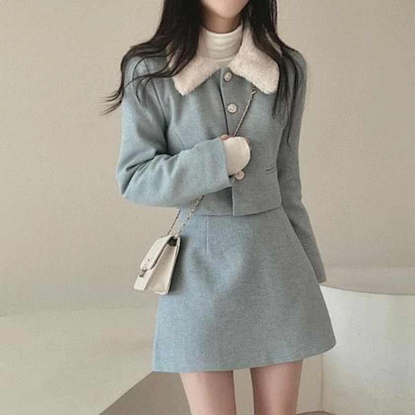 Lovely fur collar wool two-piece set 3 colors