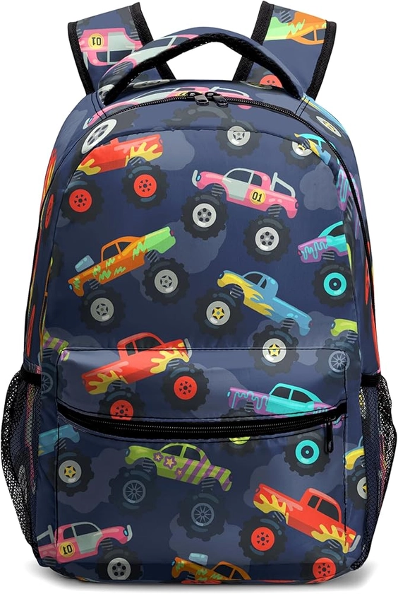 Monster Truck Backpack Colorful Toy Car Bookbag for Boys, Kids Preschool Kindergarten Elementary School Bag with Chest Strap Car Pattern Lightweight Schoolbag Back Pack